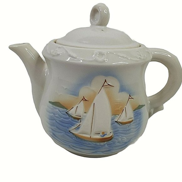 Porcelier Dining Vintage Porcelier Tea Pot W Lid Sailboat Vitreous